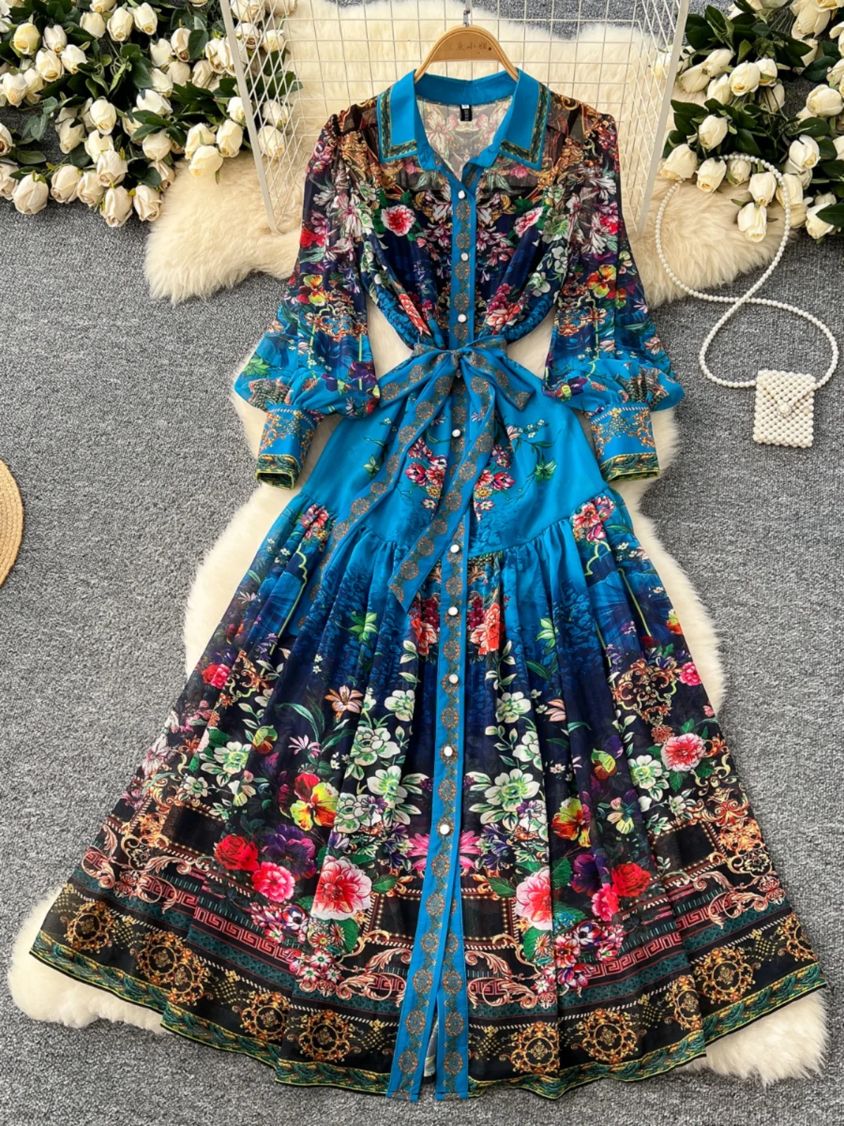 Elegant Court Style Women's Dress Retro Print Waist-Cinching Slimming Gauze Long Skirt High Waist A-Line Korean Version Sprin...