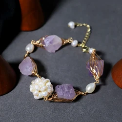 Natural Freshwater Pearl Flower Ball Amethyst Bracelet Korean Style Women Luxury Jewelry Fashion Ladies and Girls Gift GB1168