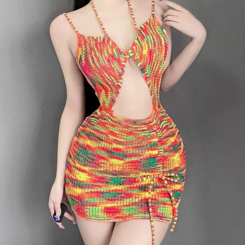 女性用プリントニットスパゲッティストラップドレス、ファッショナブルなホットボディコンドレス、ホローミニセクシーシェイプドレス、セクシーペンシルサンドレス