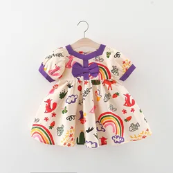 New Cute Girls' Summer Contrasting Butterfly Bow Cartoon Printed Short Sleeved Cotton Children's Dress