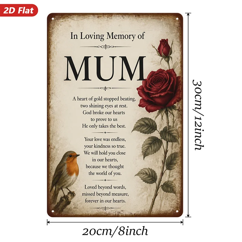 2D Flat, 1pc Metal Sign Wall Art, in Loving Memory of Mum Home Decor, Rose And Bird Artwork, Sentimental Style, for Living Room,