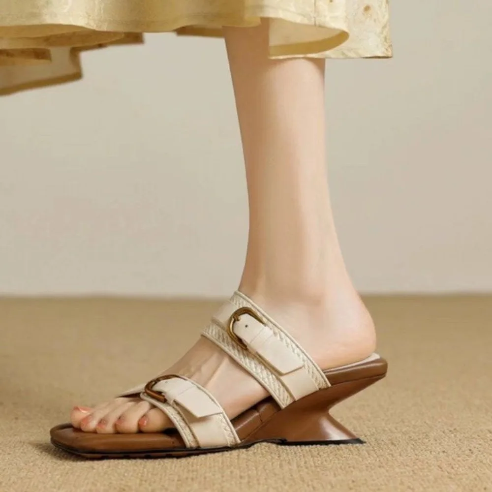 Vintage Braided Belt Buckle Open Toe Wedges Women's Sandals Summer New Square-toed Outdoor High-heeled Slippers