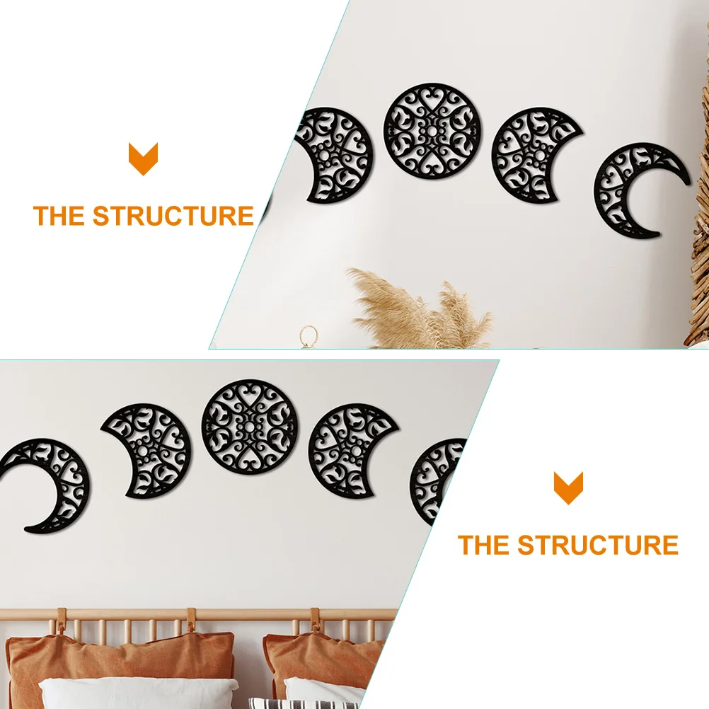 5 Pcs Boho Wall Stickers Moon Phase Wood Chip Decoration Three-dimensional DIY Wooden Ornament Beige