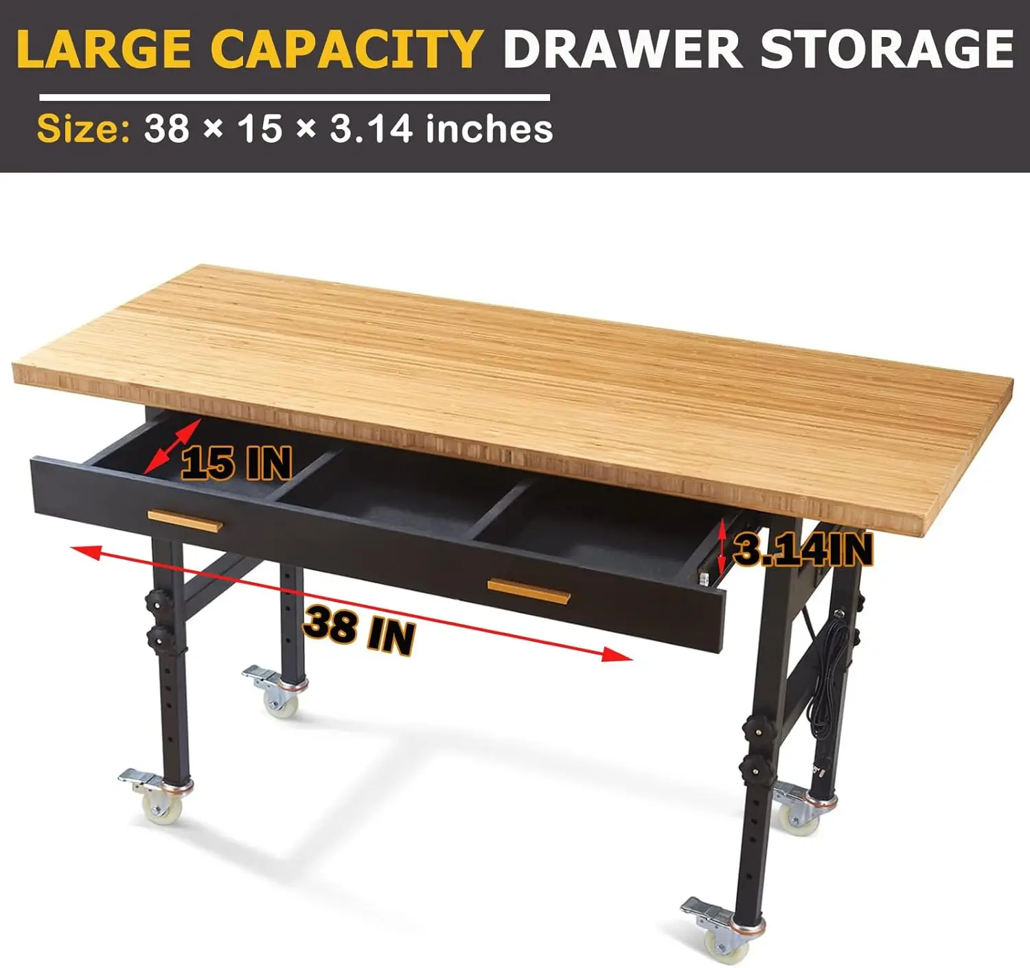 Work Bench, Adjustable Work Bench with Drawers | Wheels | Power Outlet, 2700 LBS Load Capacity 59.8