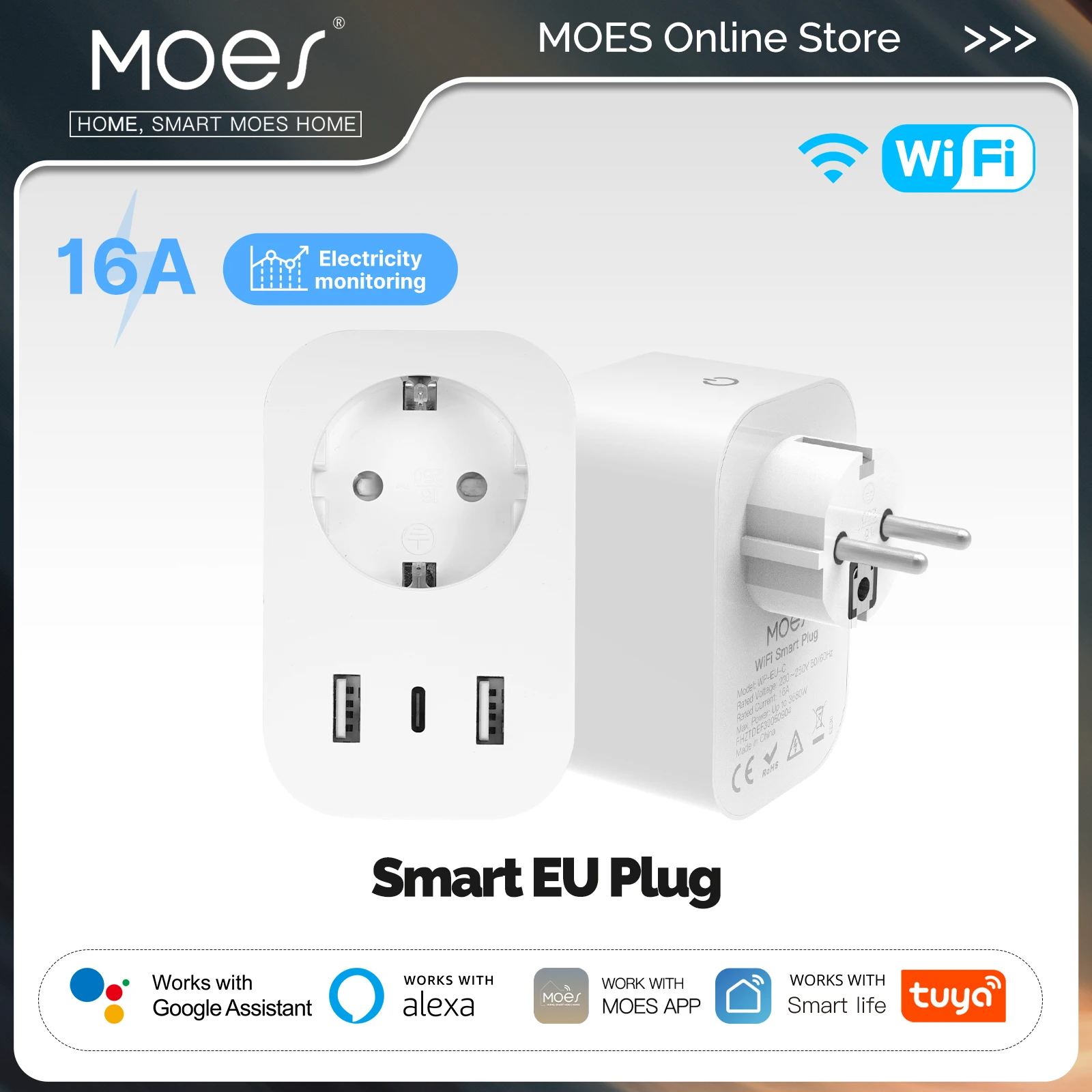 MOES Tuya WiFi Smart Plug 16A EU Socket Outlet 2USB 1TypeC  Fast Charging Power Electricity Monitor Work with Alexa Google Home