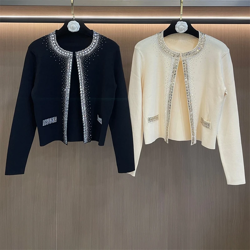 

New Spring High-Quality Rhinestone-Filmed, Buttonless, Long-Sleeved Thin Knit Cardigan for Women - Fashionable Casual Jacket