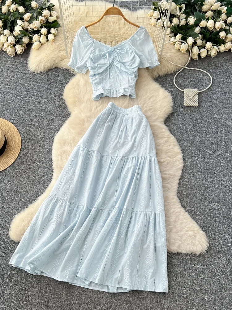 Set da donna di design coreano Faionable Bubble Sve Colletto quadrato Top a vita alta con gonna a vita alta Set da due pezzi