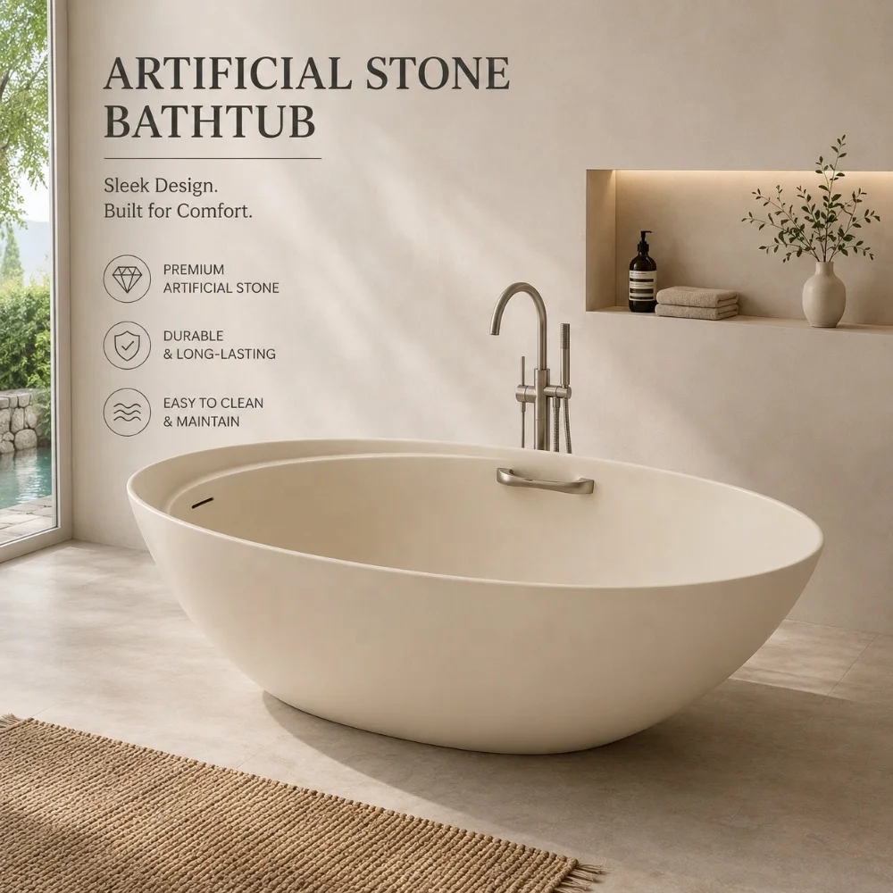 #￥Modern Solid Surface Freestanding Bathtub Luxury Oval Stone Soaking Tub for Bathroom High-End Integrated Artificial Stone Bath