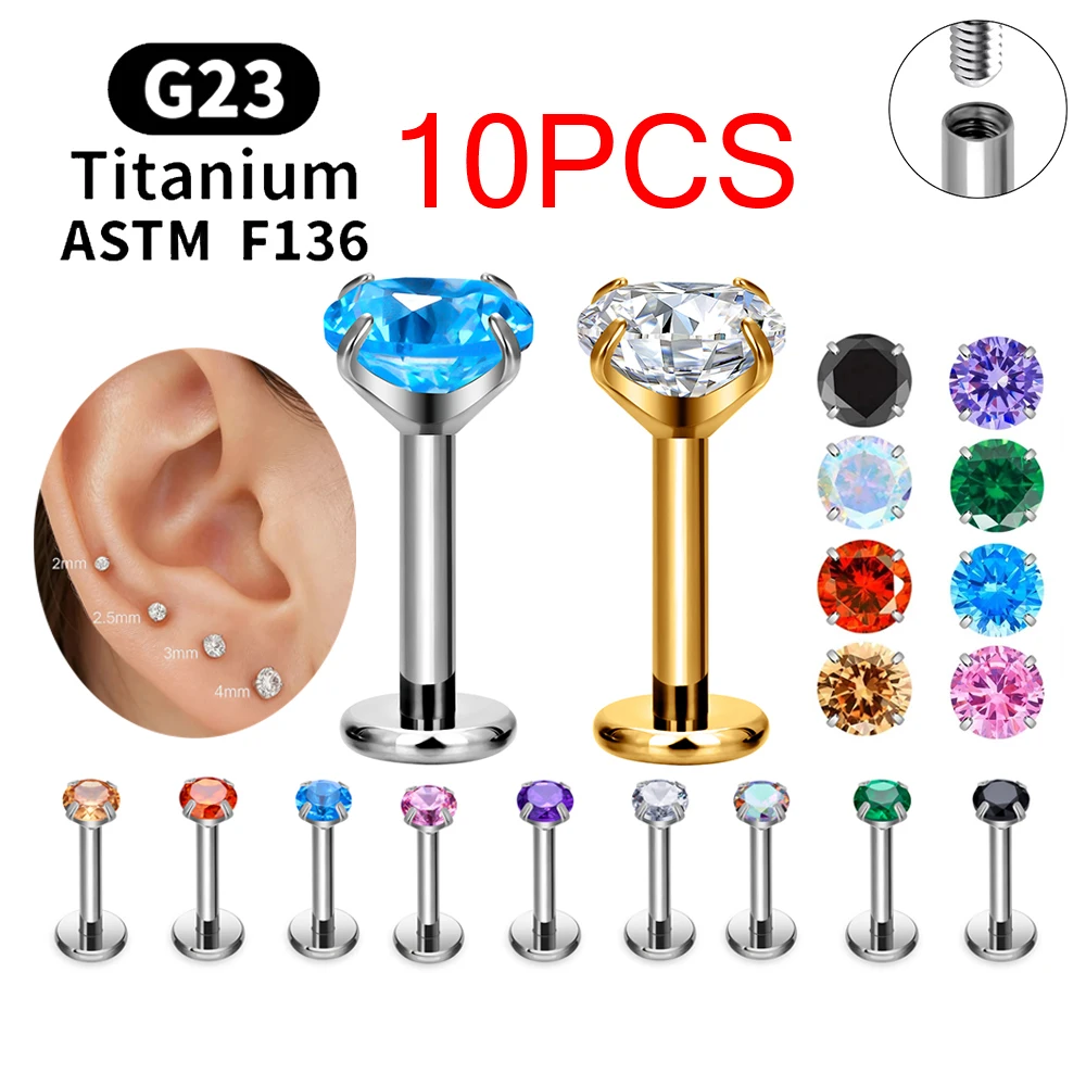 

10PCS ASTM F136 Titanium Labret Lip Stud 16G CZ Helix Tragus Conch Cartilage Earring Flatback Nose Earlobe Piercing Body Jewelry