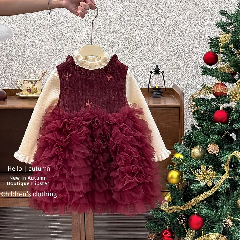 

2024 Autumn Winter Kids Girls Princess Dress Set Solid Knitted Shirts Plus Velvet Mesh Tutu Dress Suit Children Girl Outfit