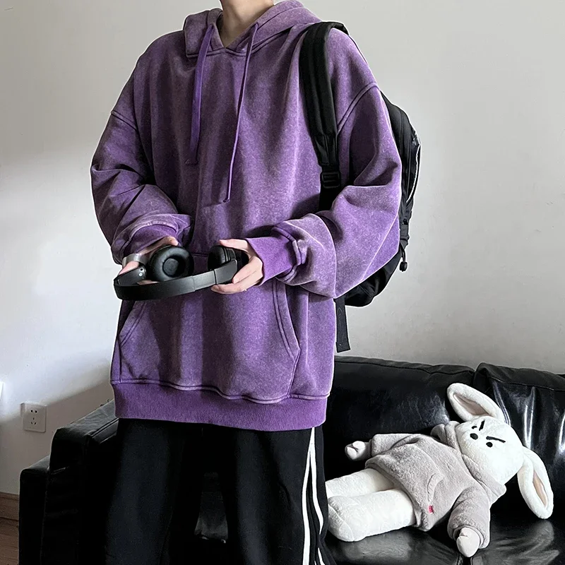 New Men\'s Solid color washed hoodie Sweatshirt Couple Hoodie Long Sleeve Loose hip-hop youth Street Boy Pullover Sweater 2024