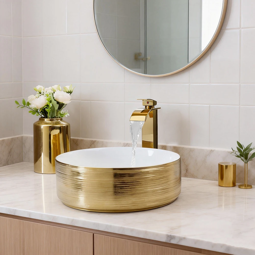Torayvino Round Bowl Ceramic Bathroom Basin Vessel Sink Vanit Above Counter with Mixer Waterfall Faucet Pop-up Drain Combo Kit view 2