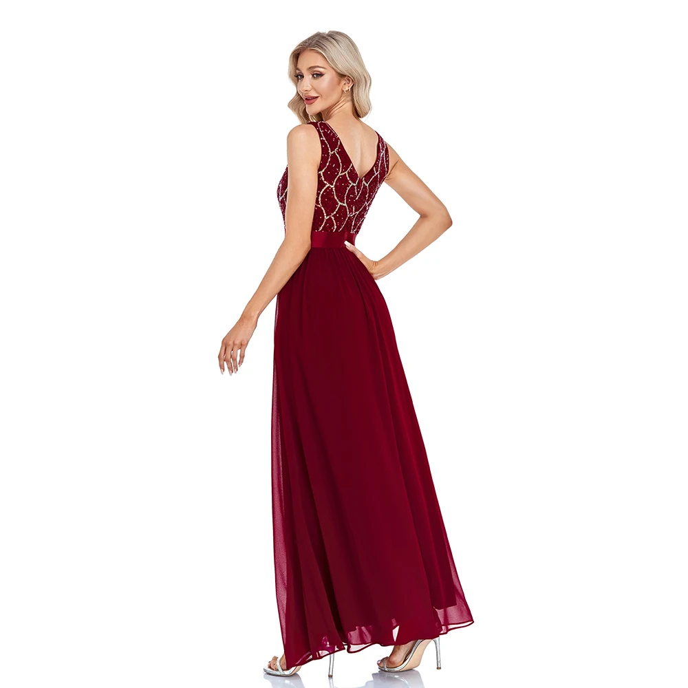 Chiffon Evening Dress V Neck A -Line Womens Sleeveless Formal Occation Long  Sequins Flower Burgundy Robe De Soriee Gowns