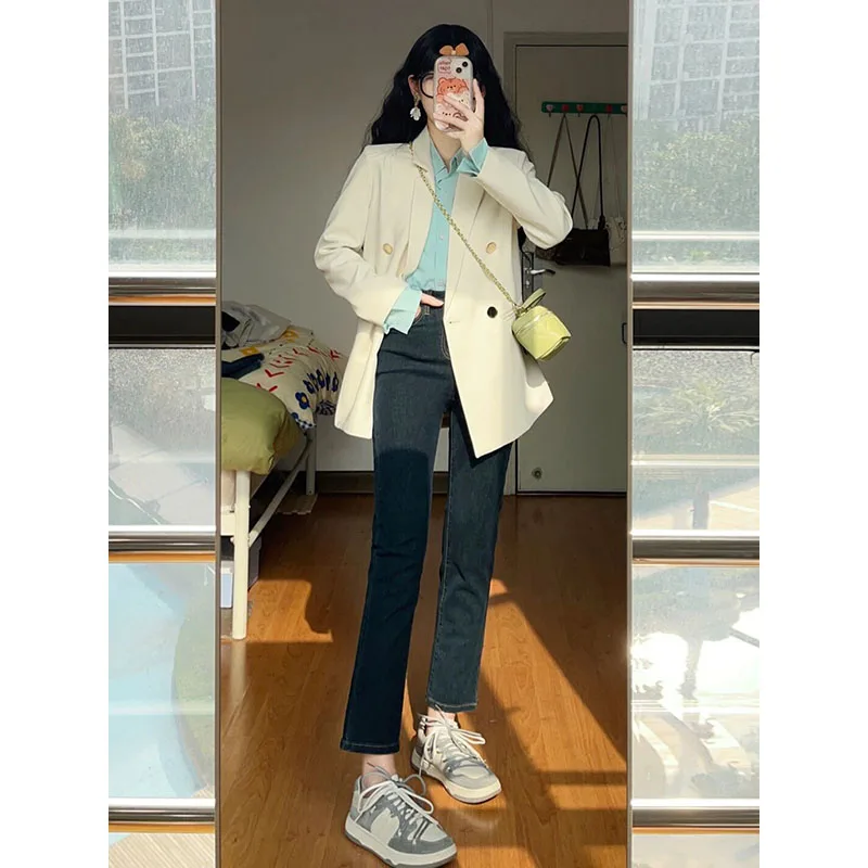 

High Waist Elastic Denim Jeans Women plus Size Spring New Sle Slimming Nine Tube Straight Leg Jeans Deep Color Coat