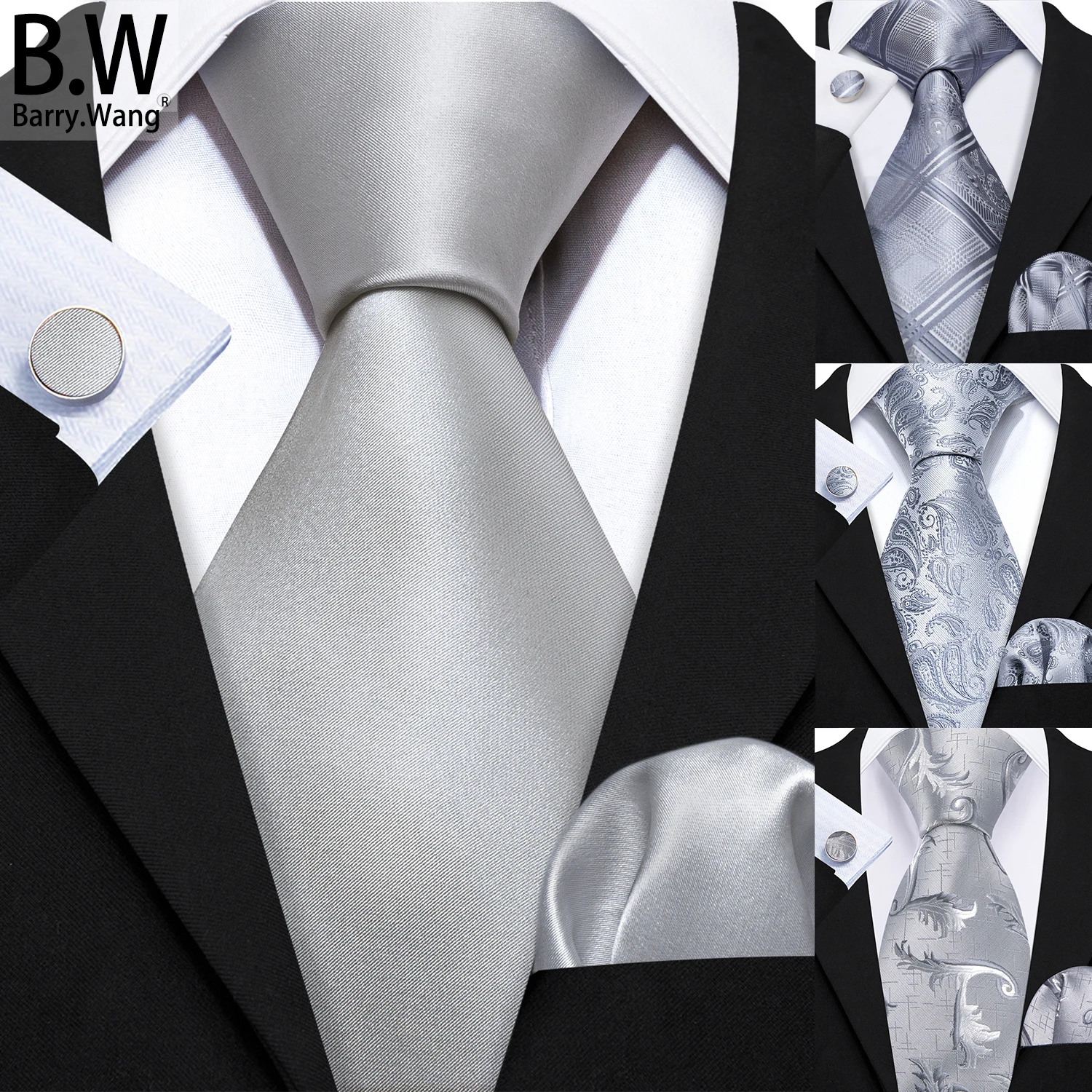 

Barry.Wang Silver Gray Silk Men Tie Handkerchief Cufflinks Set Jacquard Solid Paisley Floral Necktie For Male Wedding Business