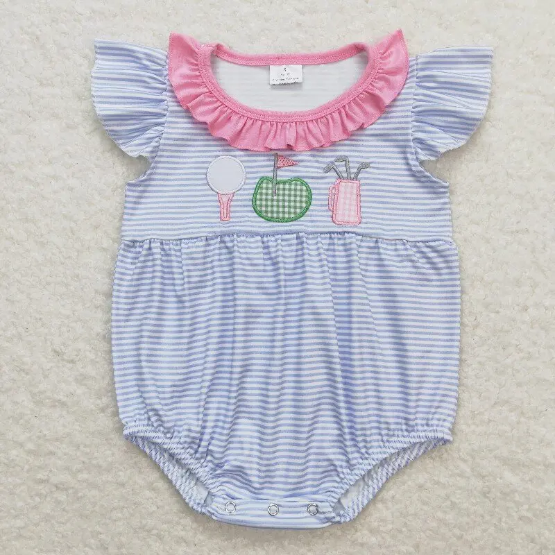 SR1215 11.19y  Girls' Romper Embroidered Wholesale Hot Selling Golf Ball Pink and Blue Striped Vest rompers