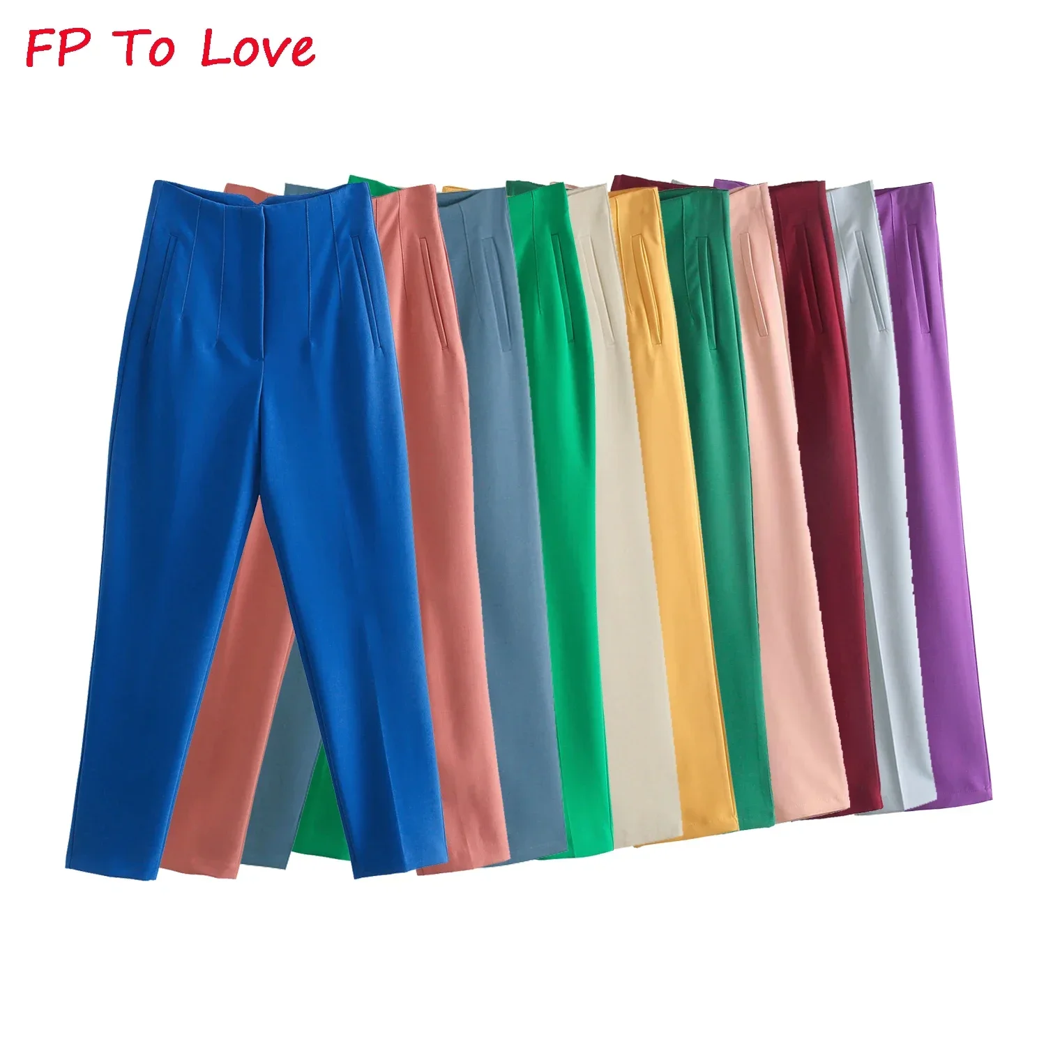 Woman Pencil Pants Elegant Casual High Waist Zipper Trousers Suit 2022 Spring Summer Long Bright Blue Green Beige FP To Love