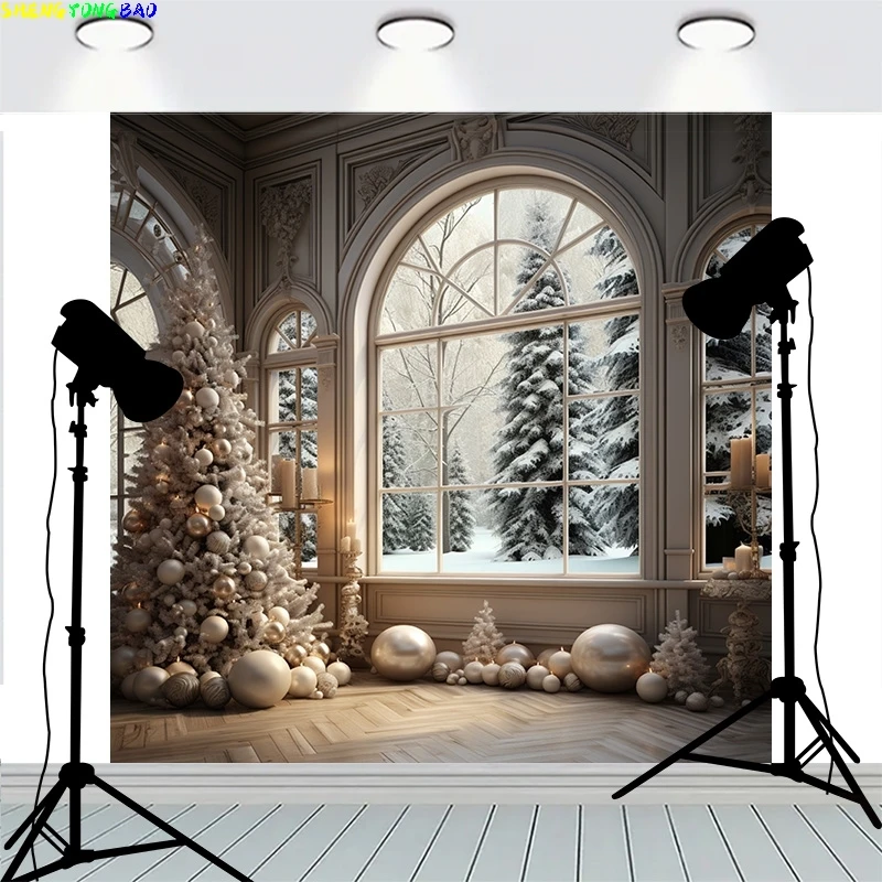 

Christmas Door Wreath Decoration Front Window Pink Flowers Background Firework Show Happy New Year Photography Backdrops MR-04