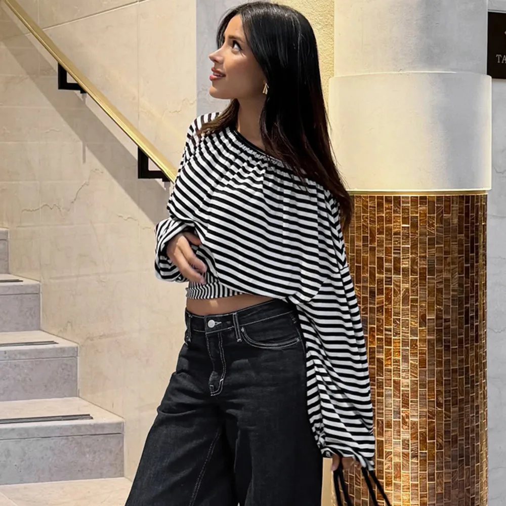 

Blifanbo Striped Oblique Shoulde Casual T-shirt Top Women Long Sleeve Slim Patchwork Female Sexy T-shirt Top Streetwear Elegant
