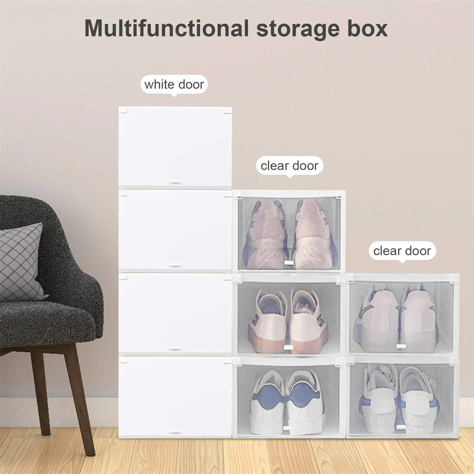 

IDEALHOUSE 4 Pack Stackable Shoe Storage Boxs,Foldable Clear Sneaker Display Box Foldable Shoe Box pp Material