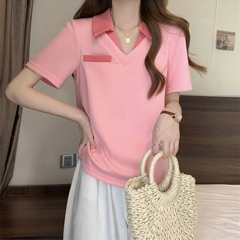 

Sweet Contrasting Colors Loose Pullovers Summer New Basic Spliced Women's Clothing Casual Short Sleeve Korean Polo-Neck T-shirts