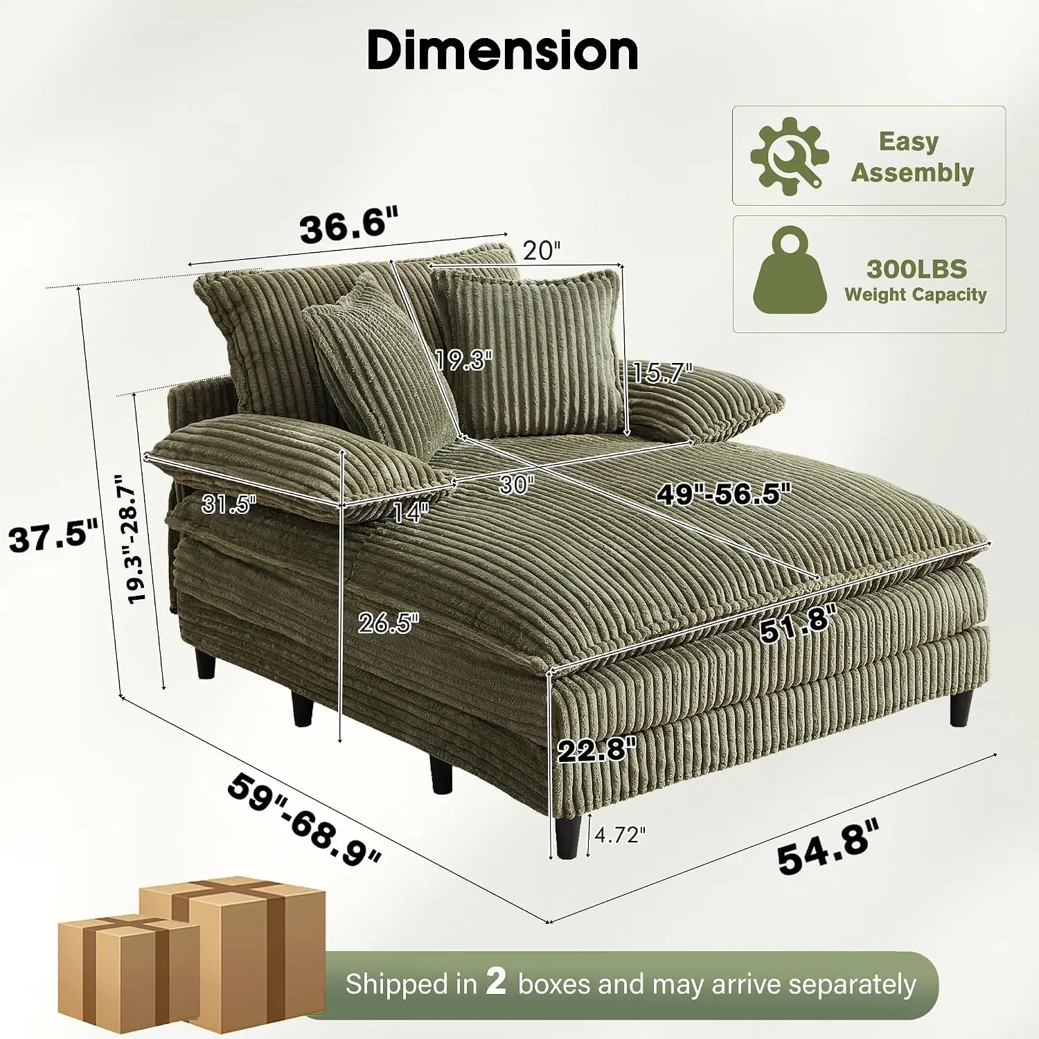 Oversized Chaise Lounge Indoor 5-Position Adjustable Backrest Corduroy Sleeper Sofa 3 Pillows Living Room Bedroom, Customized