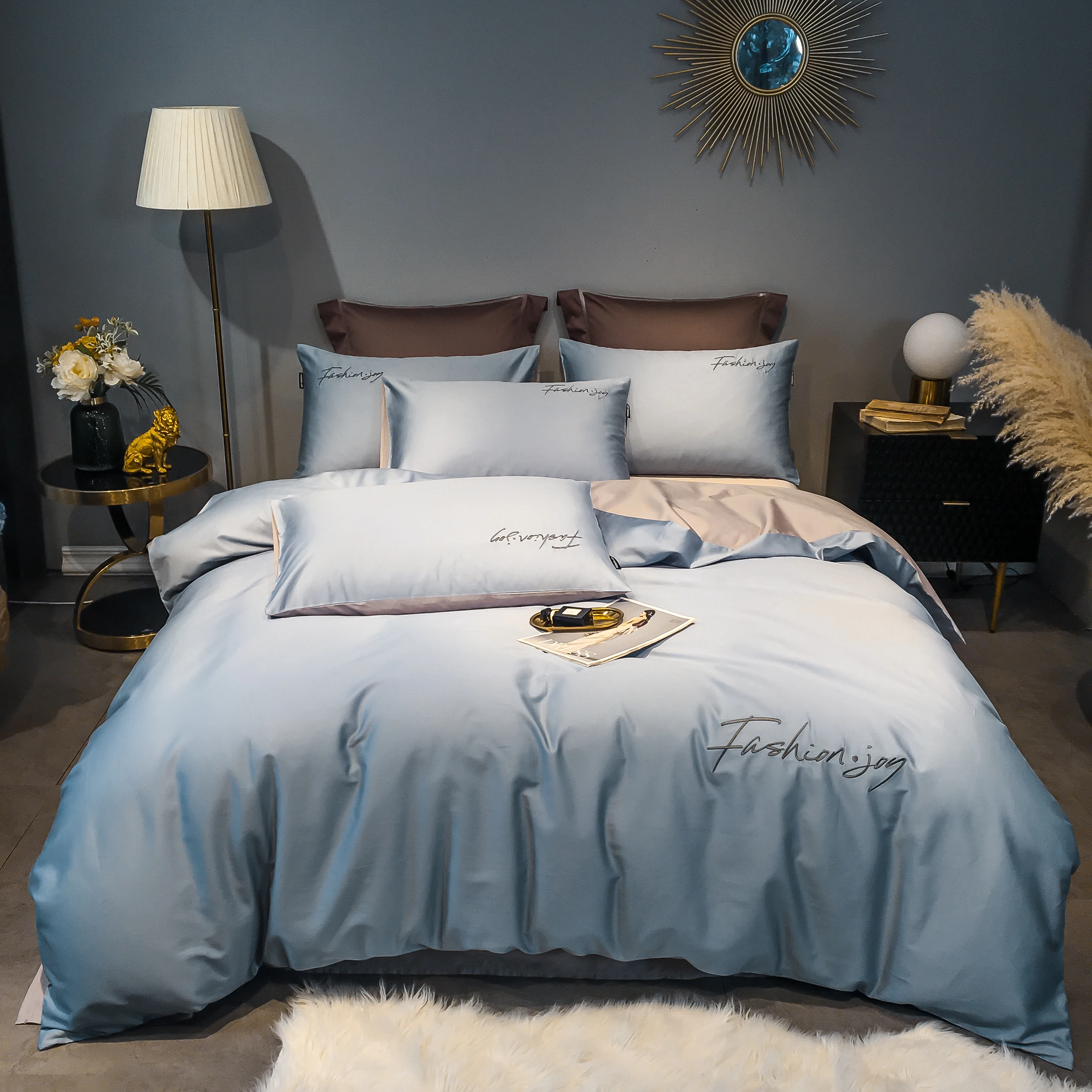 

2022 Long-staple Cotton Four-piece Bed Linen New Stitching Embroidery Plain Color Cotton Bedding Light Luxury Style Cyan-blue