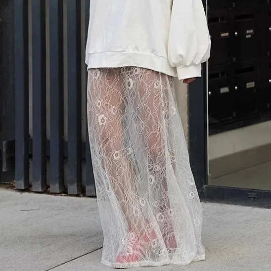 Sexy Spitze Stickerei Durchsichtiger Midirock Faionable Cross-border Damen Langer Rock A-Linie Commuter Sle Langer Rock