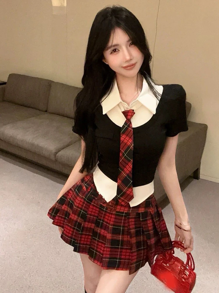 Preppy Style Kawaii Sailor 2-teiliges Set Damen Japanisch Slim mit Krawatte Weiße Hemden Sommer JK Plaid Patchwork Lady A-Linie Röcke