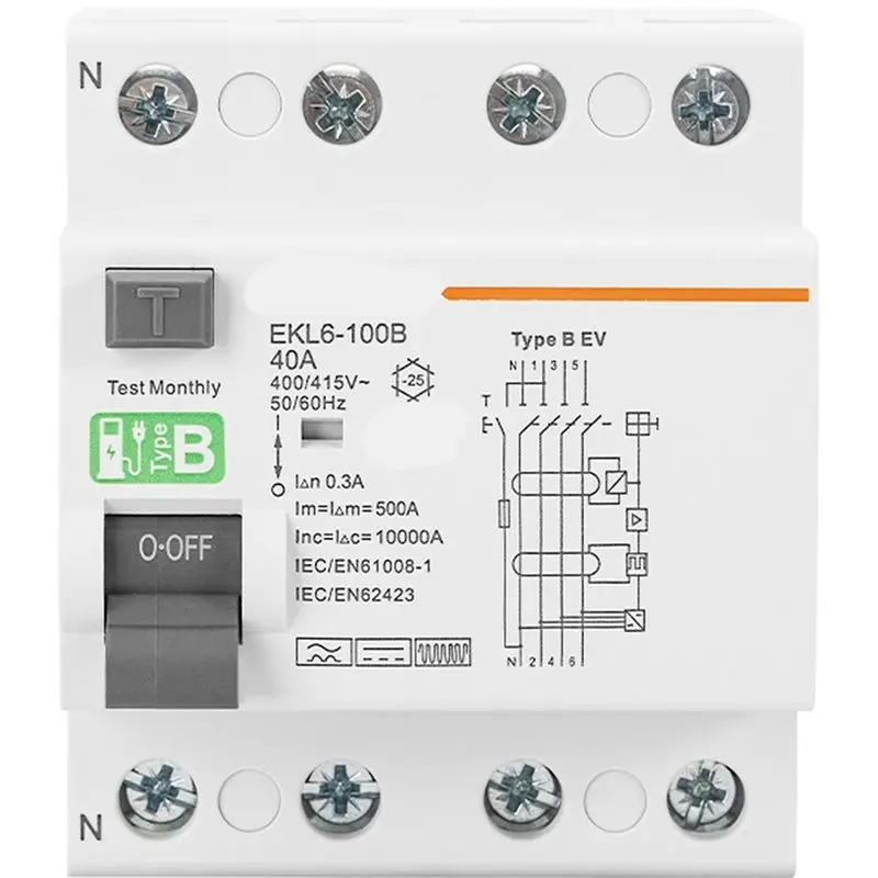 A04G-EKL6-100B 4P 40A 300Ma RCD RCCB Type B Earth Leakage Residual Current Circuit Breaker Evse Din Rail 220V
