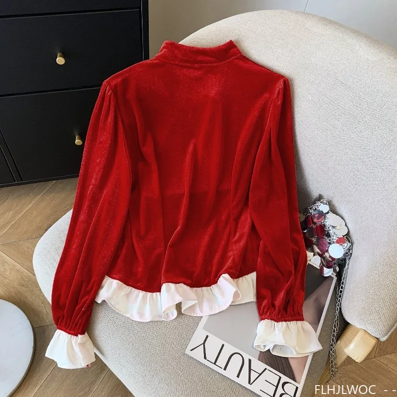 Nieuwjaar Kerstmis Rode Tops Blouses Vrouw Lange mouw Elegante dame Retro Vintage Knop Basics Shirts Opstaande kragen Ruches Top