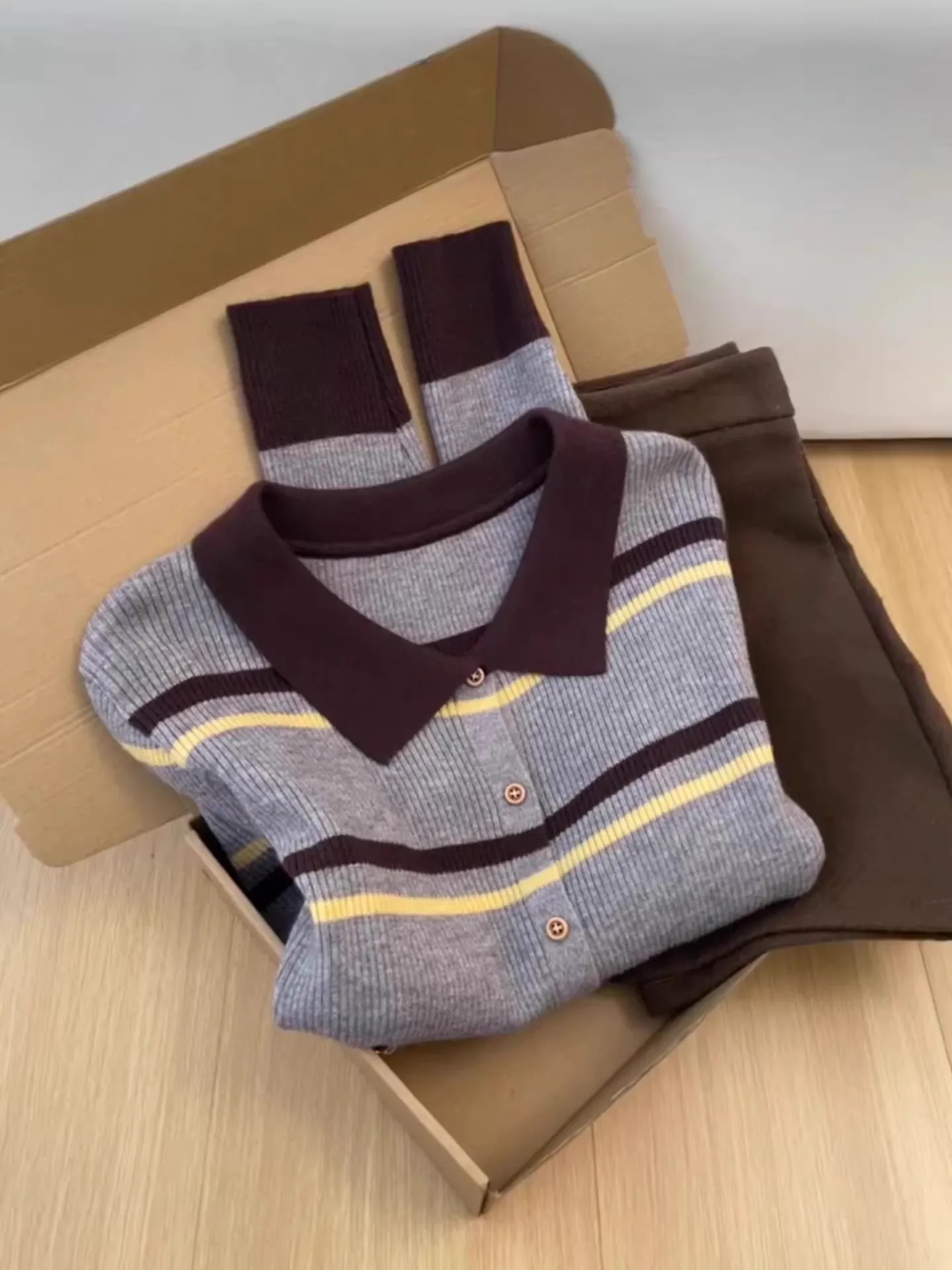 

Collar Striped Knitted Cardigan Women's Base Layer Shirt Inner Wear High-End Feeling Spring Ultra Popular Age-Defying Top