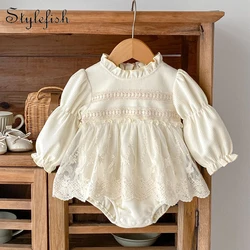 Spring and Autumn Baby Girl Baobao Waffle Plaid Lace Small Skirt Long Sleeve Sweetheart Sweetheart Dress Wrapped Bottom Bodysuit