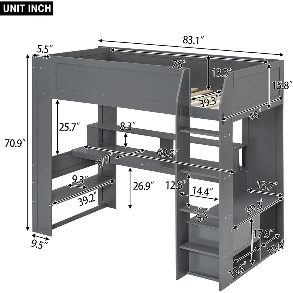 Twin Size Gaming Loft Bed with Desk, LED and Charging Station, Wood Loft Bed Frame with Multi-Storage Shelves, Dark Gray