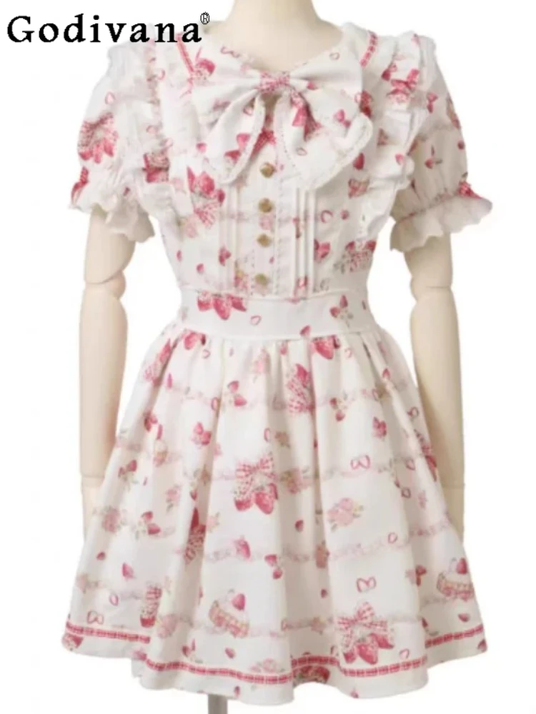 

Spring Summer New Japanese Sweet Print Short Sleeve Dress Fashion Peter Pan Collar High Waist A-line Versatile Bow Dresses