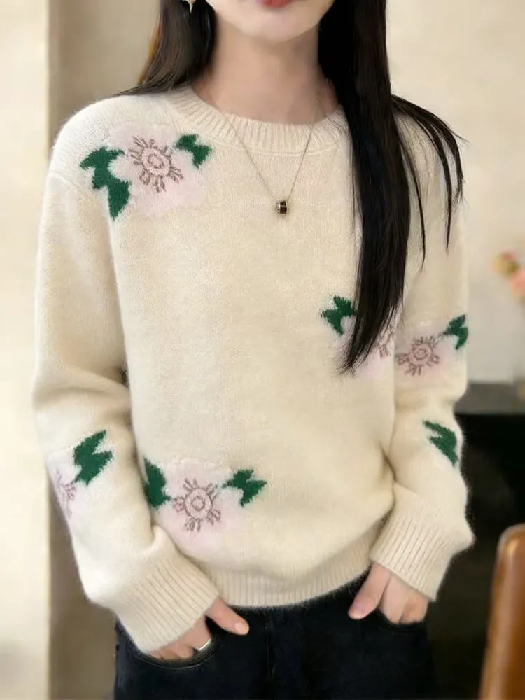 

Ladies' round Neck Knitted Sweater Floral Embroidery Lazy Style Spring Autumn Fashion Soft Long Sleeve Breathable Casual Top