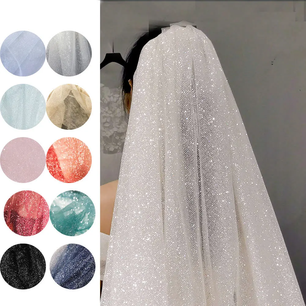 Shiny Glitter Sequin Soft Net Yarn Lace Sparkle Tulle Silver Mesh Fabric DIY Sewing Wedding Dress Veil Dance Tutu Decor Props