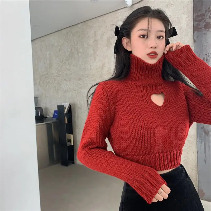 Female Fashion Love Heart Hollow Out Sweater Casual O Neck Long Sleeve Knitted  2024 Autumn Women High Street Pullovers