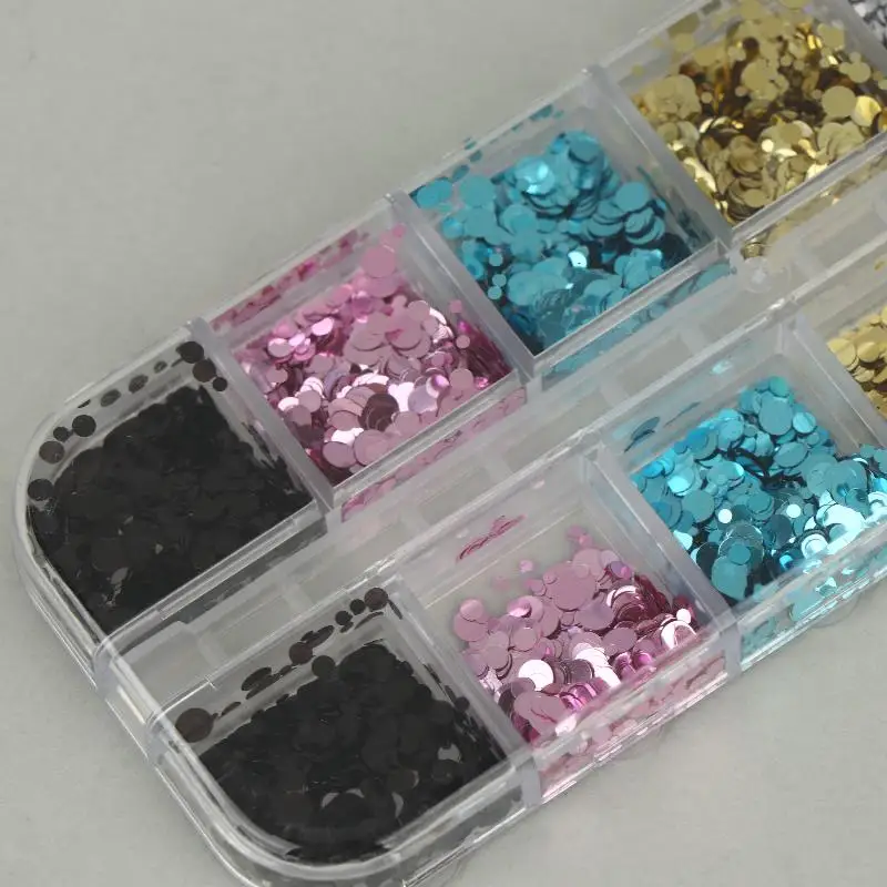 12 Fächer Runde Punkt-Blumen-Nagelkunst-Pailletten mit Glänzendem Glitzer in Verschiedenen Farben für DIY Nagelstudio Maniküre Dekoration – Detail 15