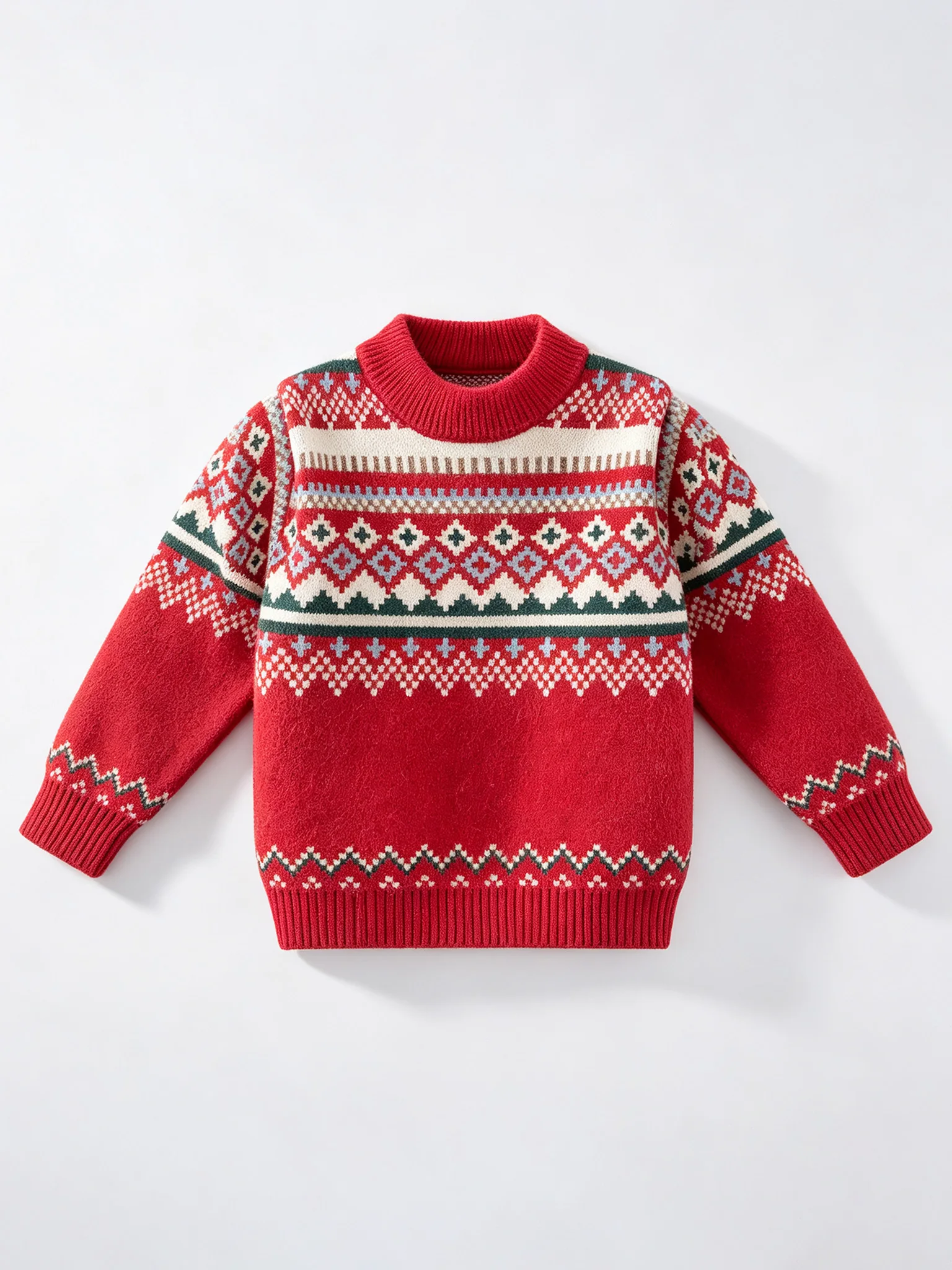 Nordic Fair Isle Knit Sweater for Boys - Red Christmas Holiday Pullover, Warm Winter Top for Kids