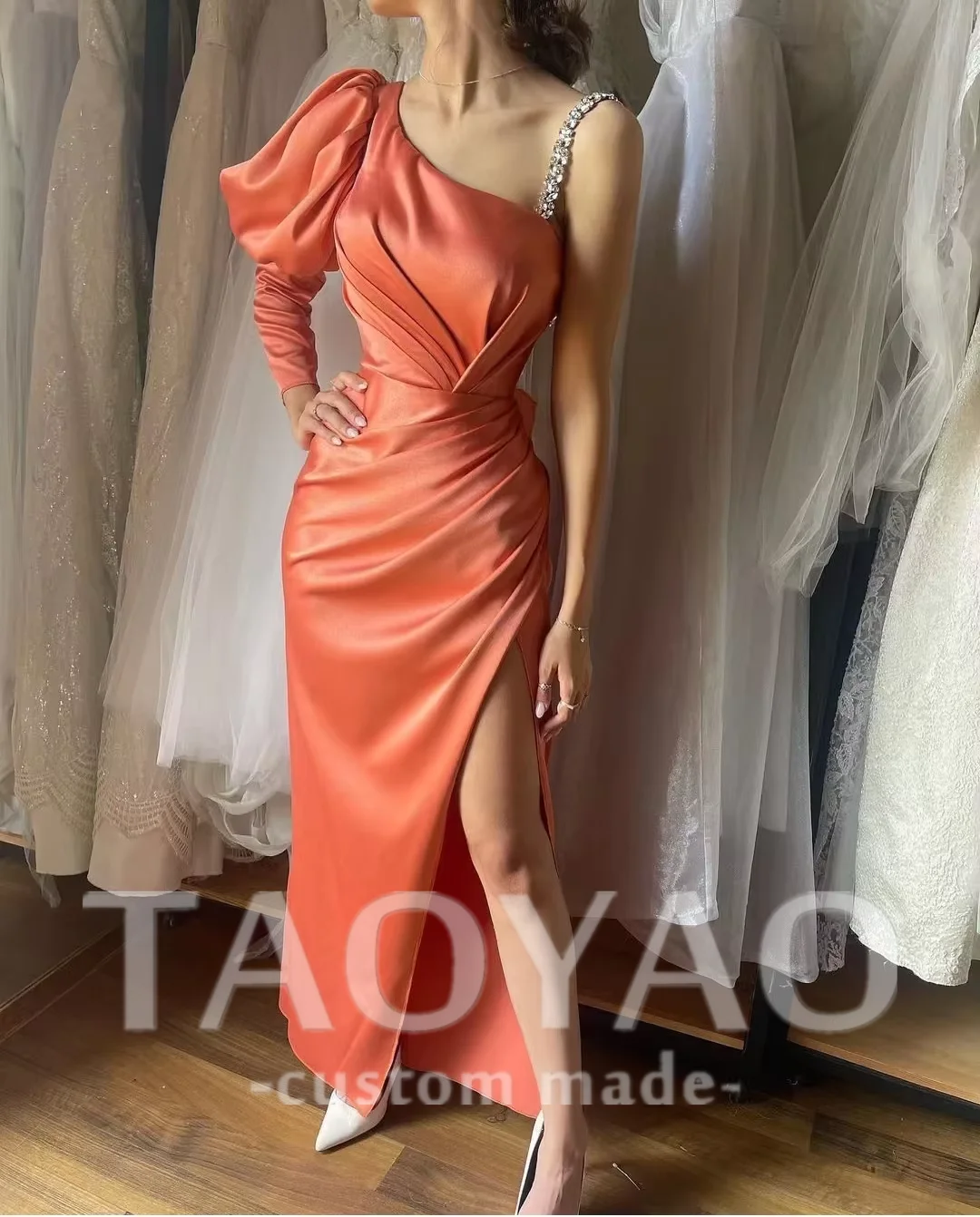 

TaoYao Orange Customized Mermaid Satin Evening Dresses One Shoulder Bead Side Slit Floor-Length Women Simple Party Dress