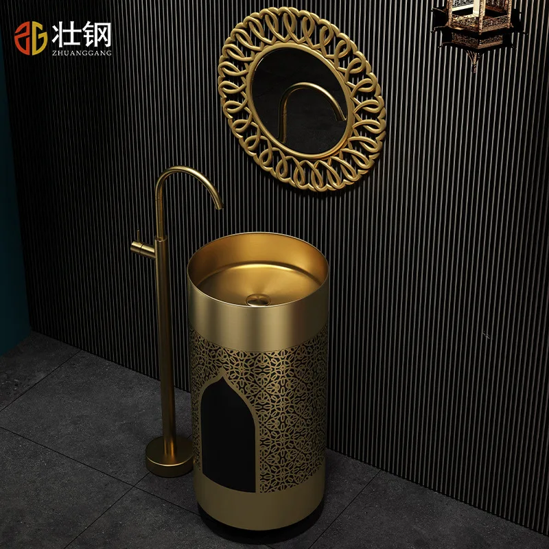 Modern SUS304 Stainless steel Bathroom sink Floor standing Wash basin High Quality 400*400*850mm washbowl Brushed Grey,Gold