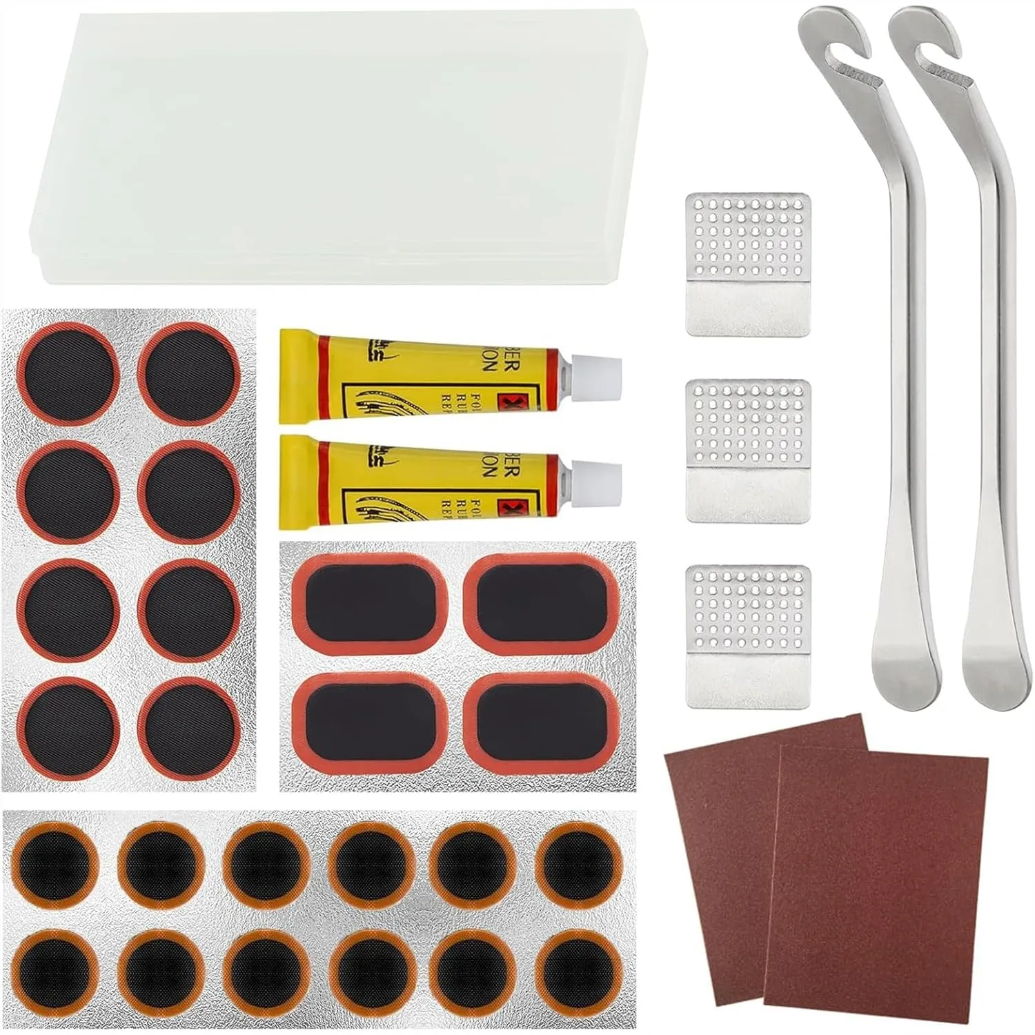 

Bike Tire Patch Repair Kit with 24 Vulcanizing Patches, 2 Stainless Steel Levers, and Storage Box for Road Mountain Bicycle