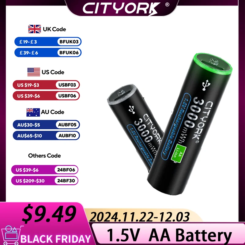 CITYORK 1.5V Li-ion AA Rechargeable Battery 3000mWh Type C USB Charging AA Lithium Battery AA 2A Cell For MP3 Player Thermometer