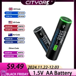 CITYORK 1.5V Li-ion AA Rechargeable Battery 3000mWh Type C USB Charging AA Lithium Battery AA 2A Cell For MP3 Player Thermometer