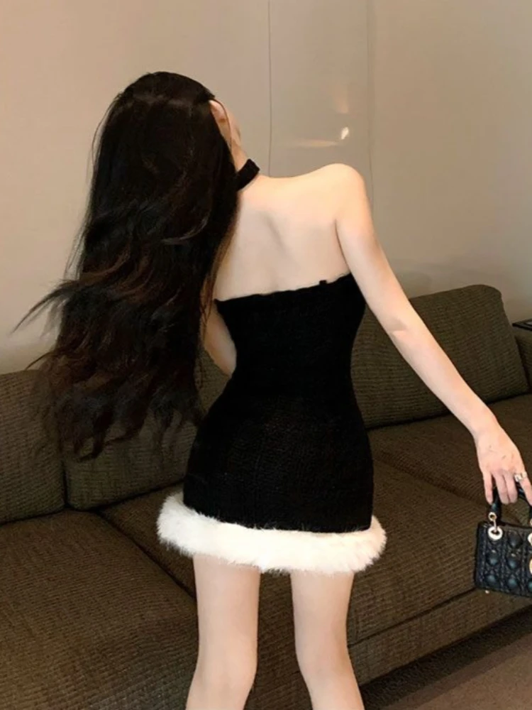 Chiristmas vermelho sexy sem alças vestido de festa feminino inverno doce camada bodycon mini vestidos gola de pele moda fora do ombro outfits