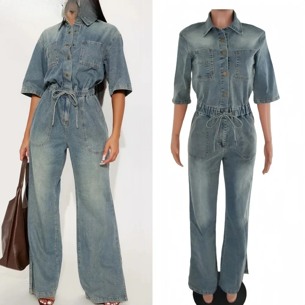 Retro Fashion Denim Drawstring Patchwork Jumpsuits Woman Solid Color Long Sleeves Rompers Female Streetwear Overalls