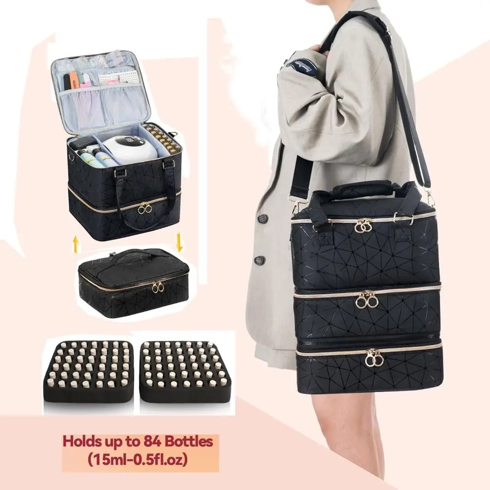 

New 3-Layers Nail Polish Organizer Bag Large Capacity 84 Grids Essential Oil Bag PU with Handle Nail Lamp Case Nail Polish Gel