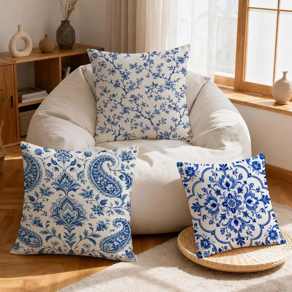 Art Traditional Blue and White Cushion Cover Linen Anti-Mite Antibacterial Cushion Cover Invisible Zipper Sofa Decor