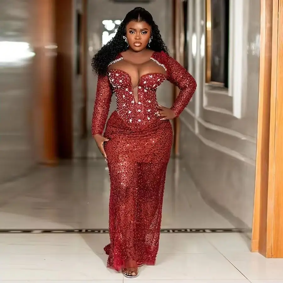 ชุดราตรีแขนยาวคอซีทรูสไตล์อาโซเอ็บิ ประดับลูกปัดยาวกรอมพื้น ชุดออกงานปาร์ตี้สีแดงเบอร์กันดี ชุดพรอมประดับเลื่อม